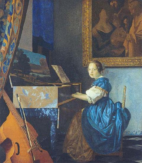 Johannes Vermeer A Young Woman Seated at the Virginal with a painting of Dirck van Baburen in the background oil painting picture